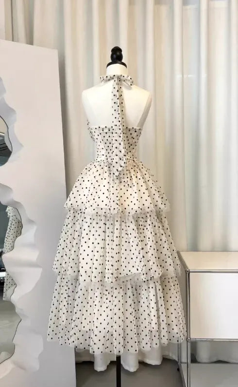Polka Dot Tulle Halter Midi Dress – Tiered Ruffle Formal Gown with Back Tie