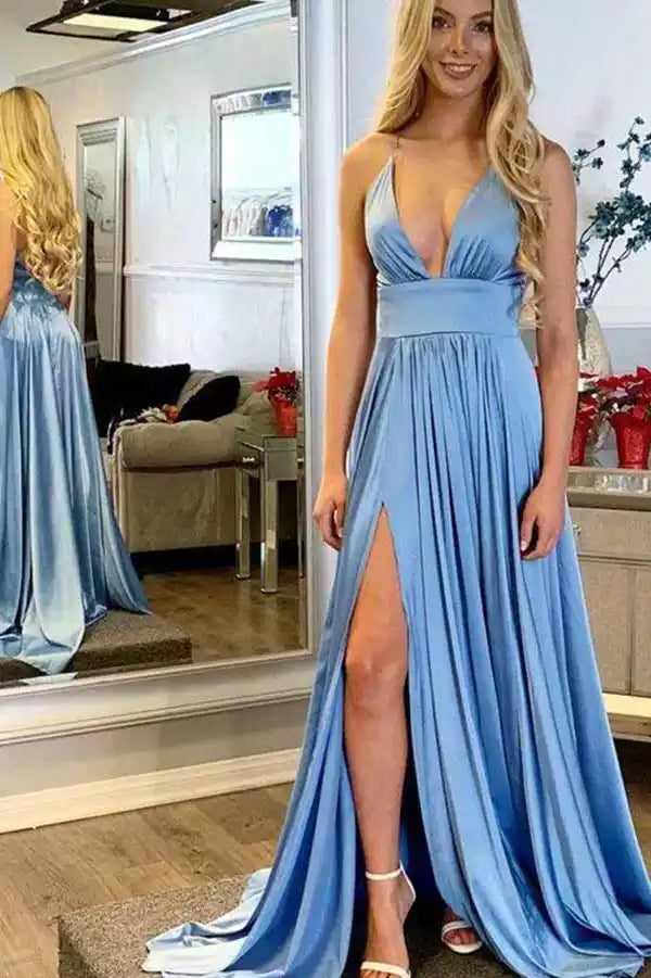 Powder Blue Satin Halter-Neck Deep V Slit A-Line Gown – Delicate & Elegant Evening Party Dress