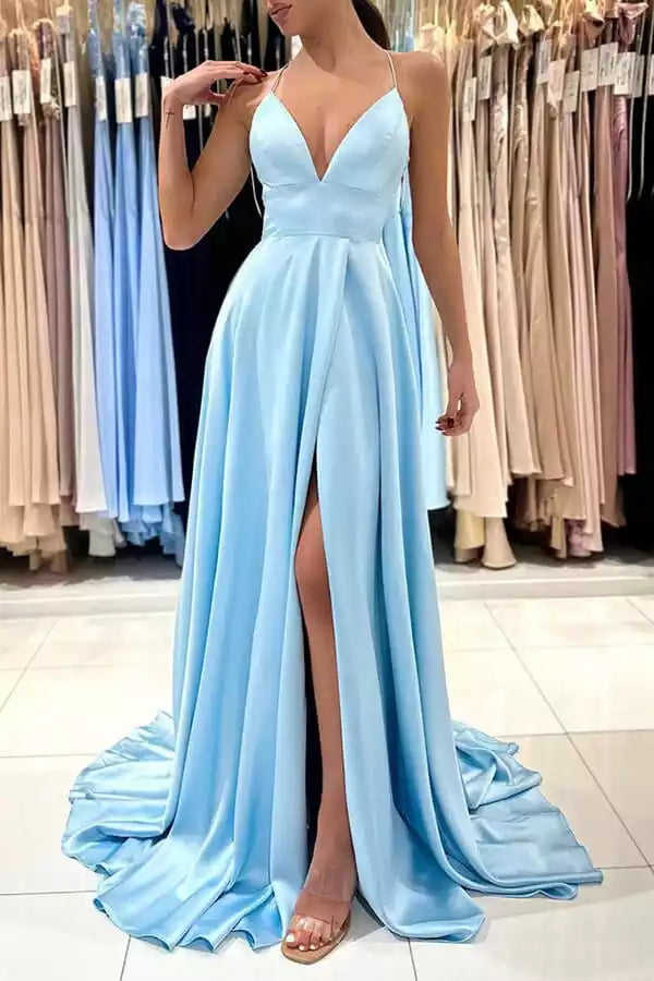 Powder Blue Satin Spaghetti Strap Crisscross Back Slit A-Line Gown – Soft & Elegant Evening Party Dress
