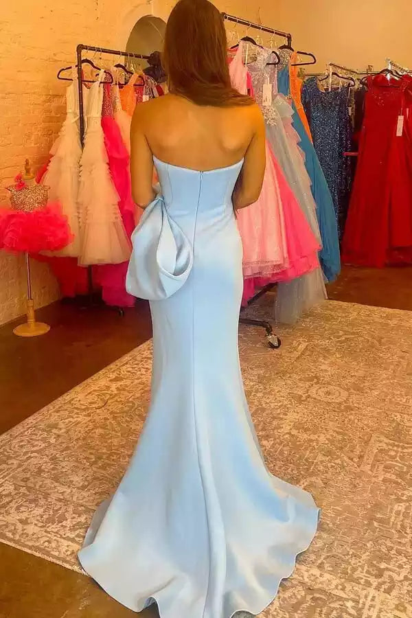 Powder Blue Satin Strapless Oversized Bow Mermaid Gown – Elegant & Modern Evening Party Dress