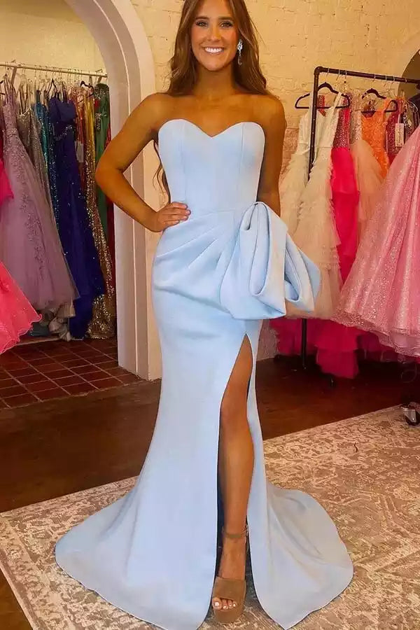 Powder Blue Satin Strapless Oversized Bow Mermaid Gown – Elegant & Modern Evening Party Dress