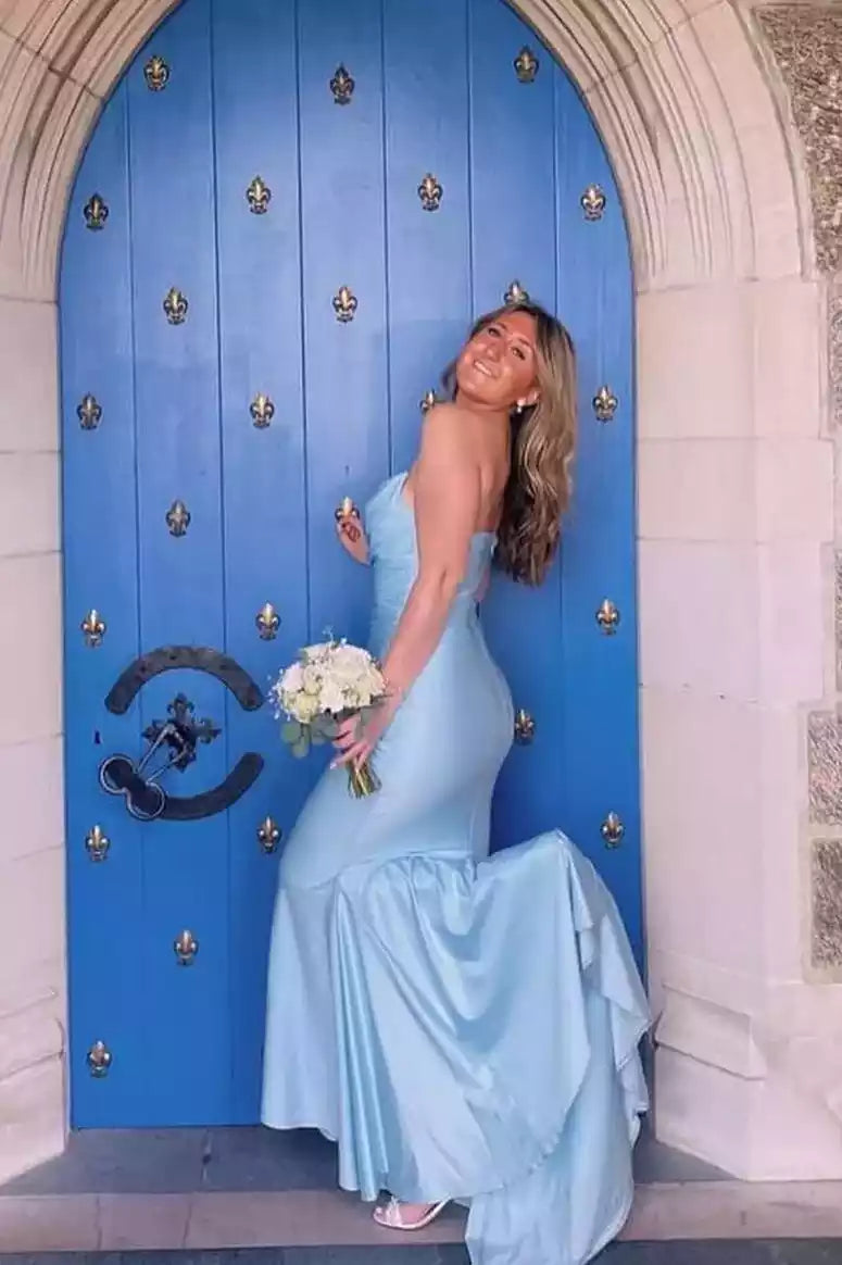 Powder Blue Satin Strapless Ruched Mermaid Gown – Soft & Elegant Evening Party Dress