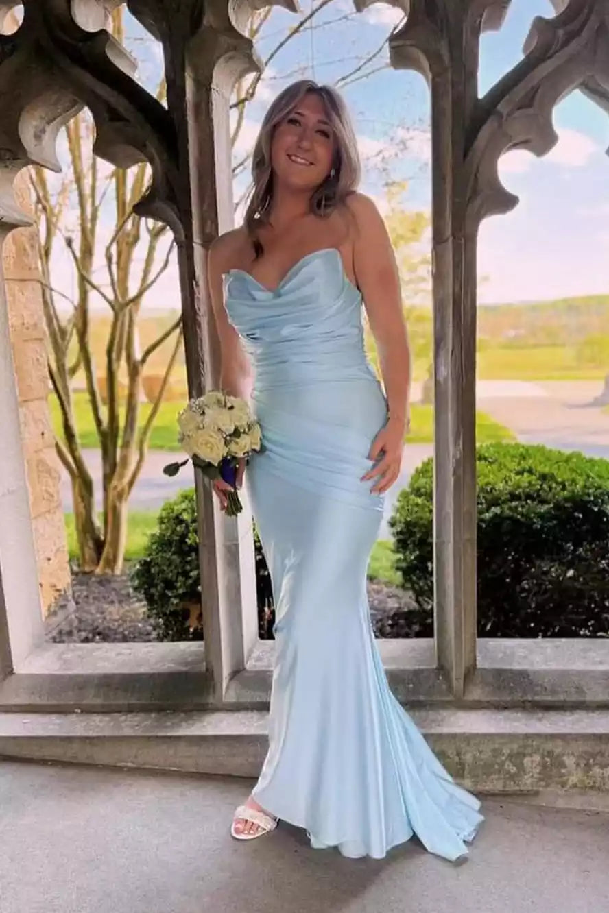 Powder Blue Satin Strapless Ruched Mermaid Gown – Soft & Elegant Evening Party Dress