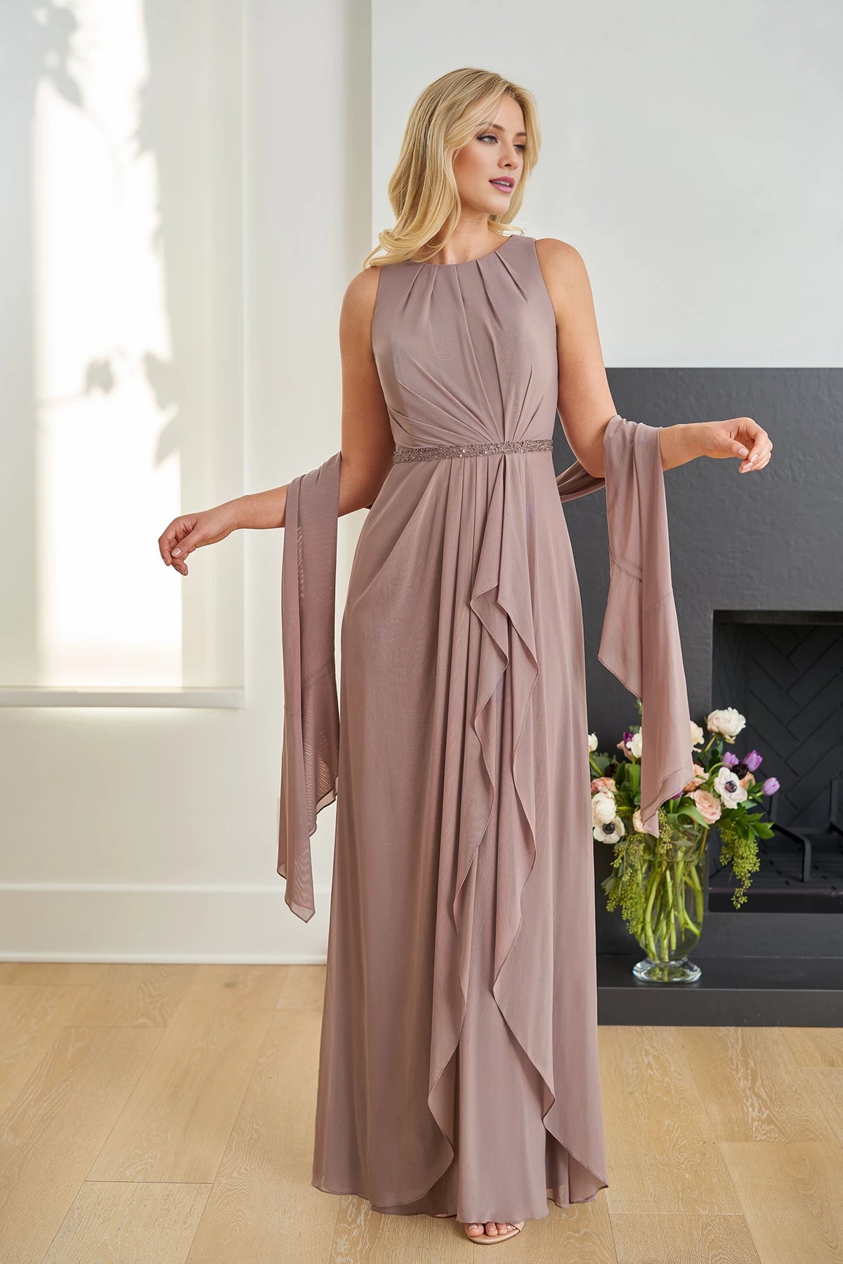 Pretty Illusion A-line Gown with Jewel Neckline and Asymmetrical Pleats Mother of the Bride Dresses