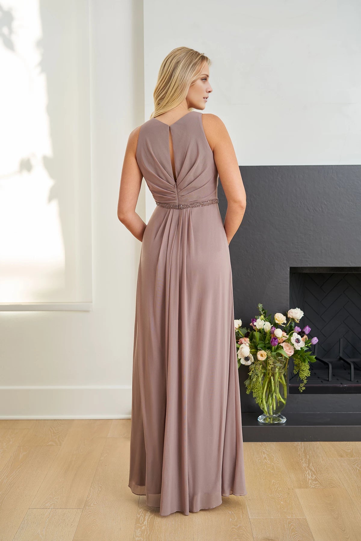 Pretty Illusion A-line Gown with Jewel Neckline and Asymmetrical Pleats Mother of the Bride Dresses