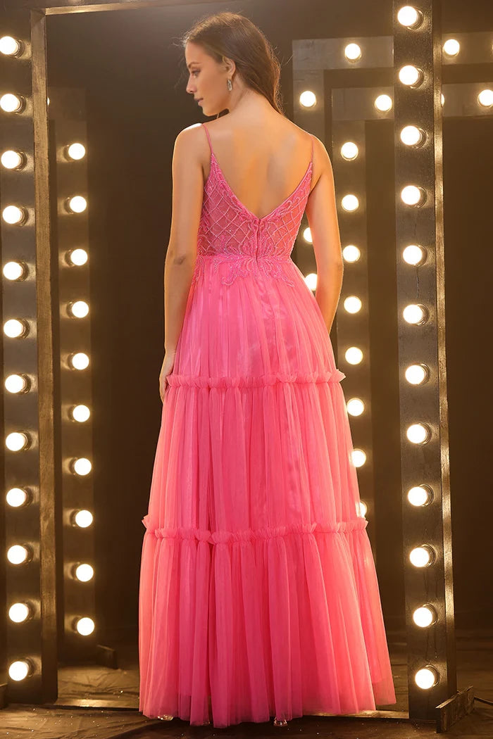 Pretty V Neck Spaghetti Straps Lace Appliques Floor Length Prom Dress