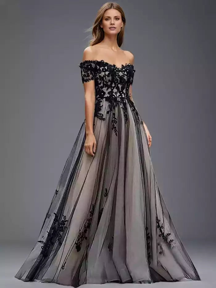 Prom Dress A Line Off The Shoulder Lace Appliques Black Tulle Lace Up Back Prom Dress