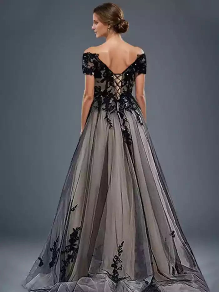 Prom Dress A Line Off The Shoulder Lace Appliques Black Tulle Lace Up Back Prom Dress