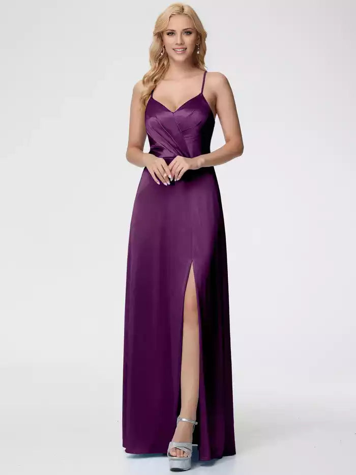 Prom Dress Spaghetti Straps V Neck Pleated Open Back Satin Prom Dress With Slit