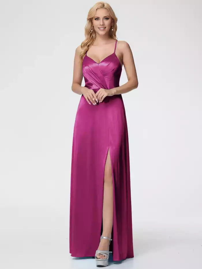 Prom Dress Spaghetti Straps V Neck Pleated Open Back Satin Prom Dress With Slit