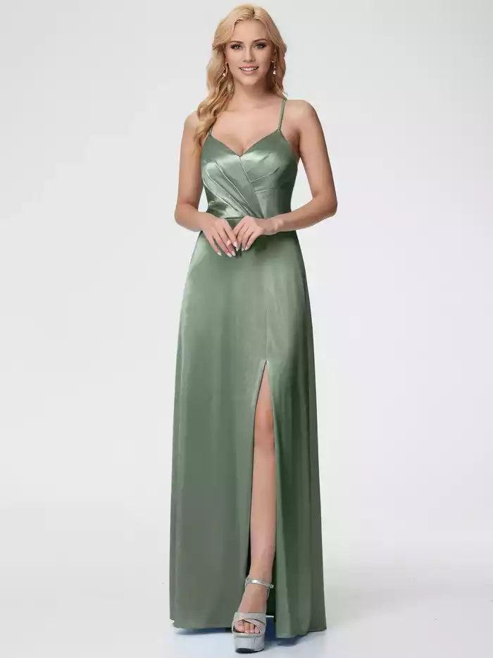 Prom Dress Spaghetti Straps V Neck Pleated Open Back Satin Prom Dress With Slit