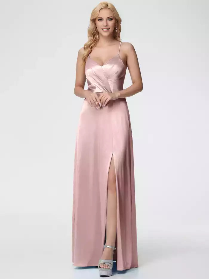 Prom Dress Spaghetti Straps V Neck Pleated Open Back Satin Prom Dress With Slit