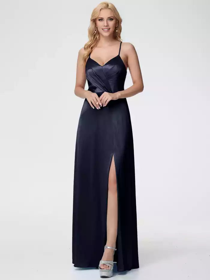 Prom Dress Spaghetti Straps V Neck Pleated Open Back Satin Prom Dress With Slit