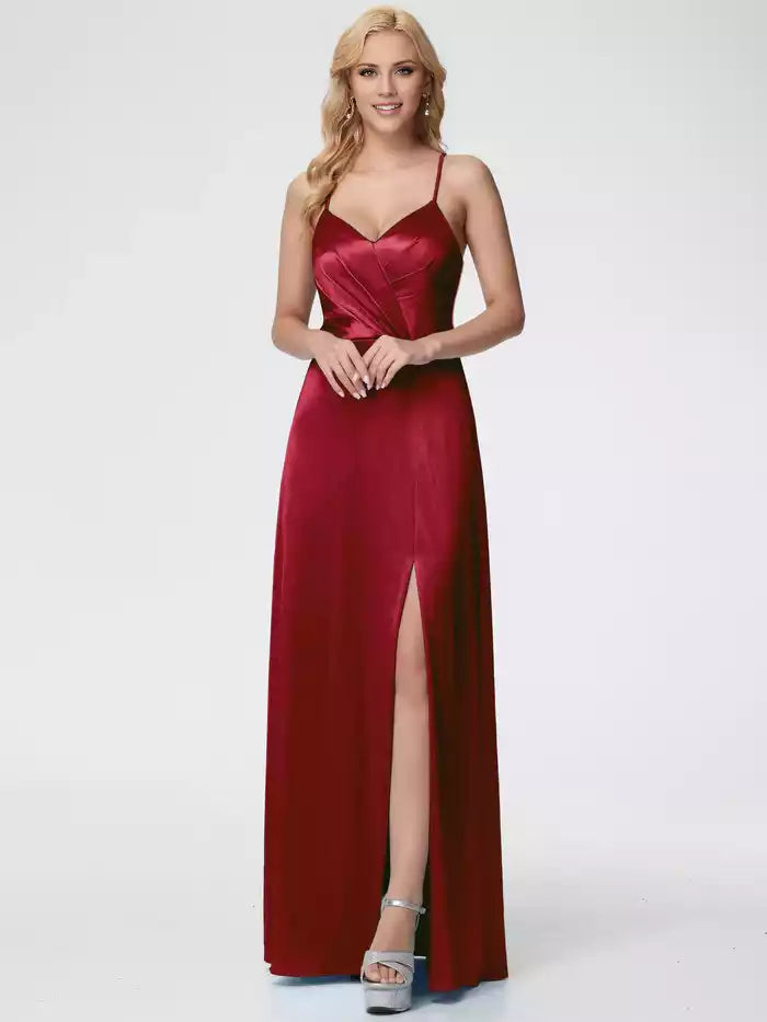 Prom Dress Spaghetti Straps V Neck Pleated Open Back Satin Prom Dress With Slit