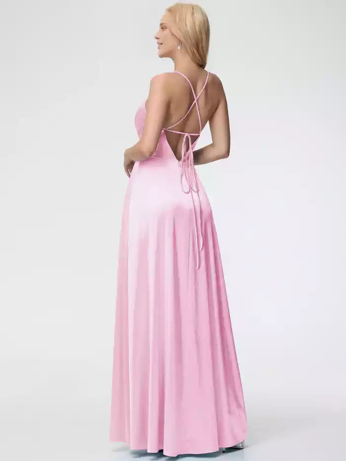 Prom Dress Spaghetti Straps V Neck Pleated Open Back Satin Prom Dress With Slit