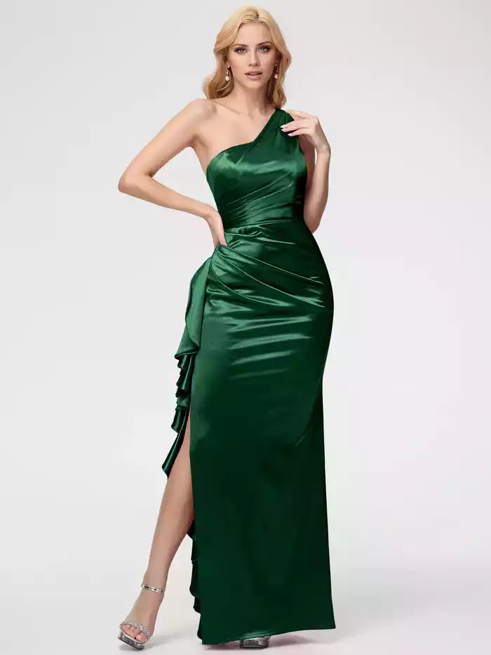 Prom Dress Trumpet Mermaid One Shoulder Sleeveless Pleats Ruffles Satin Prom Dresses