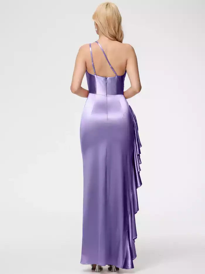 Prom Dress Trumpet Mermaid One Shoulder Sleeveless Pleats Ruffles Satin Prom Dresses