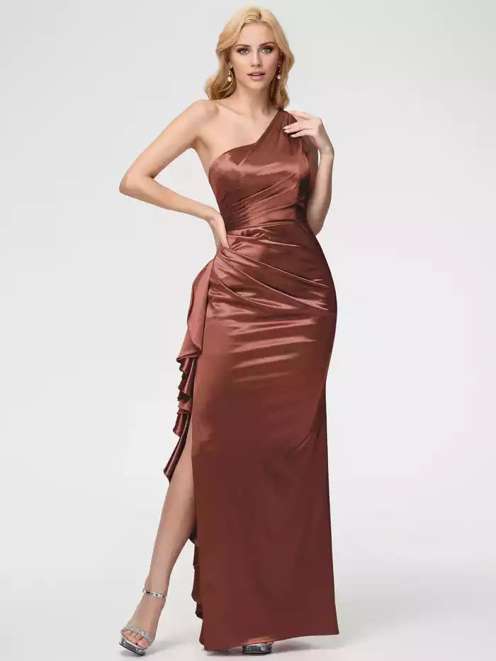Prom Dress Trumpet Mermaid One Shoulder Sleeveless Pleats Ruffles Satin Prom Dresses
