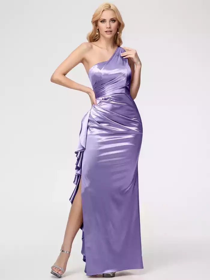 Prom Dress Trumpet Mermaid One Shoulder Sleeveless Pleats Ruffles Satin Prom Dresses