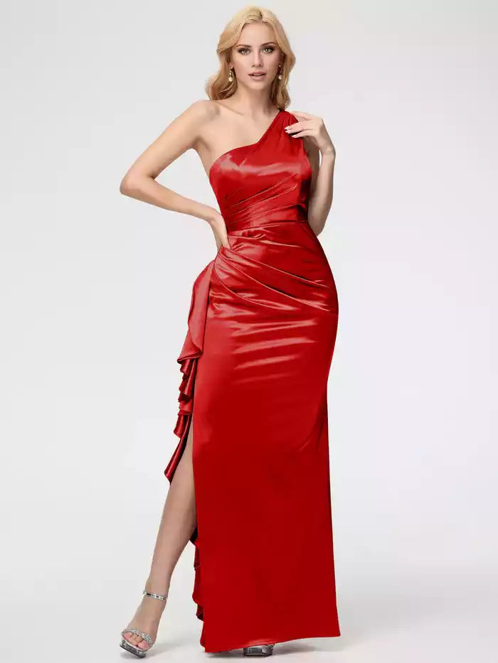 Prom Dress Trumpet Mermaid One Shoulder Sleeveless Pleats Ruffles Satin Prom Dresses