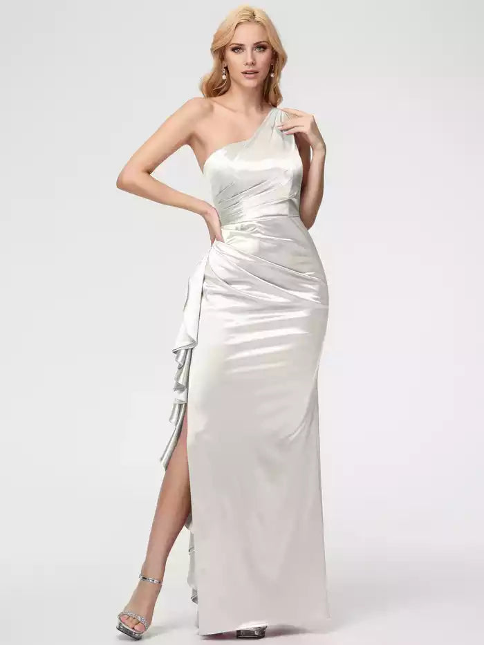 Prom Dress Trumpet Mermaid One Shoulder Sleeveless Pleats Ruffles Satin Prom Dresses