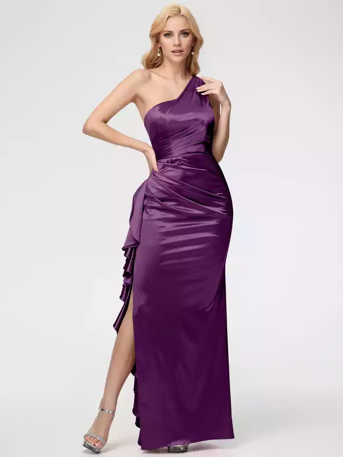 Prom Dress Trumpet Mermaid One Shoulder Sleeveless Pleats Ruffles Satin Prom Dresses