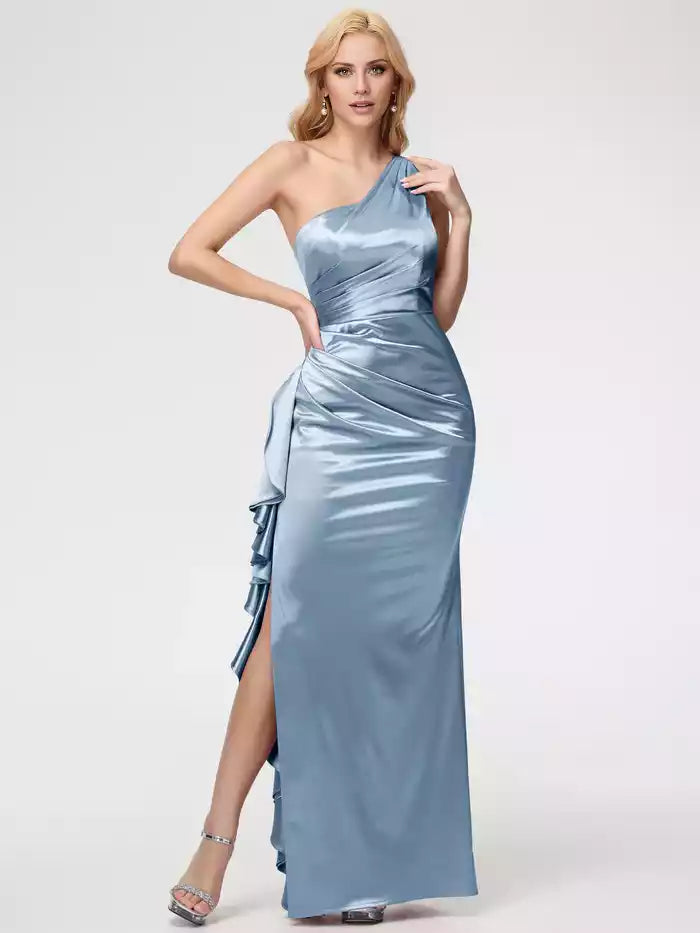 Prom Dress Trumpet Mermaid One Shoulder Sleeveless Pleats Ruffles Satin Prom Dresses