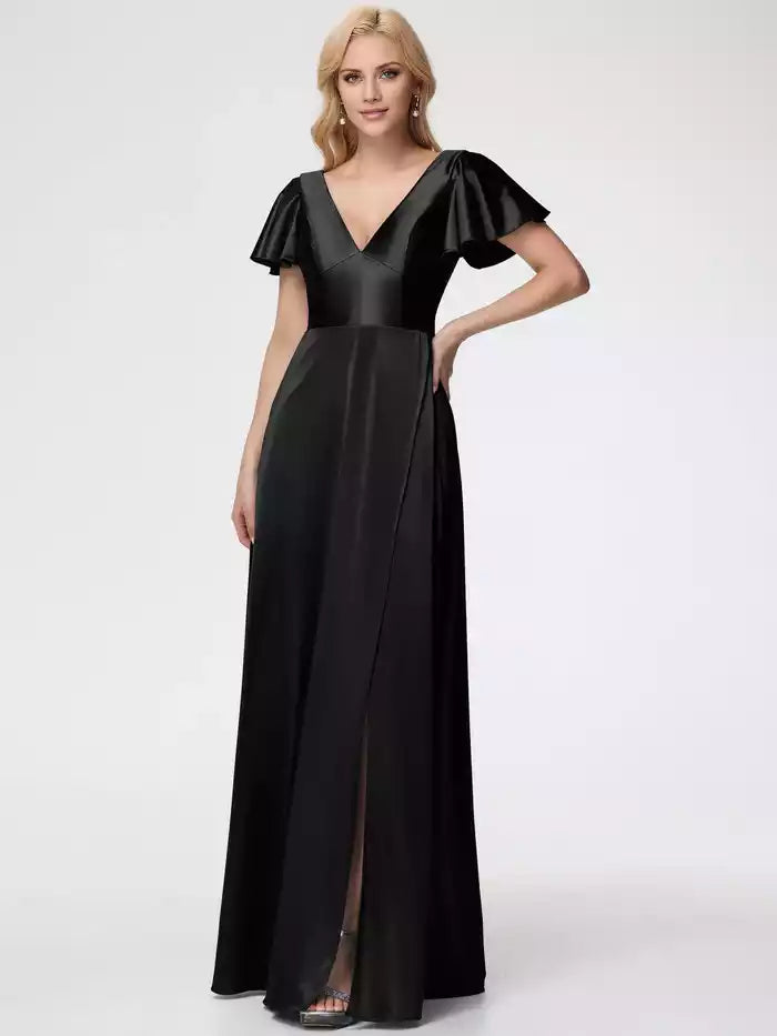 Prom Dresses Deep V Neck Short Sleeves Satin Prom Dress With Split