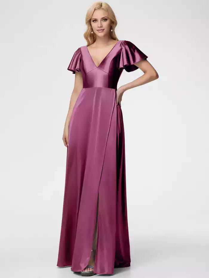 Prom Dresses Deep V Neck Short Sleeves Satin Prom Dress With Split