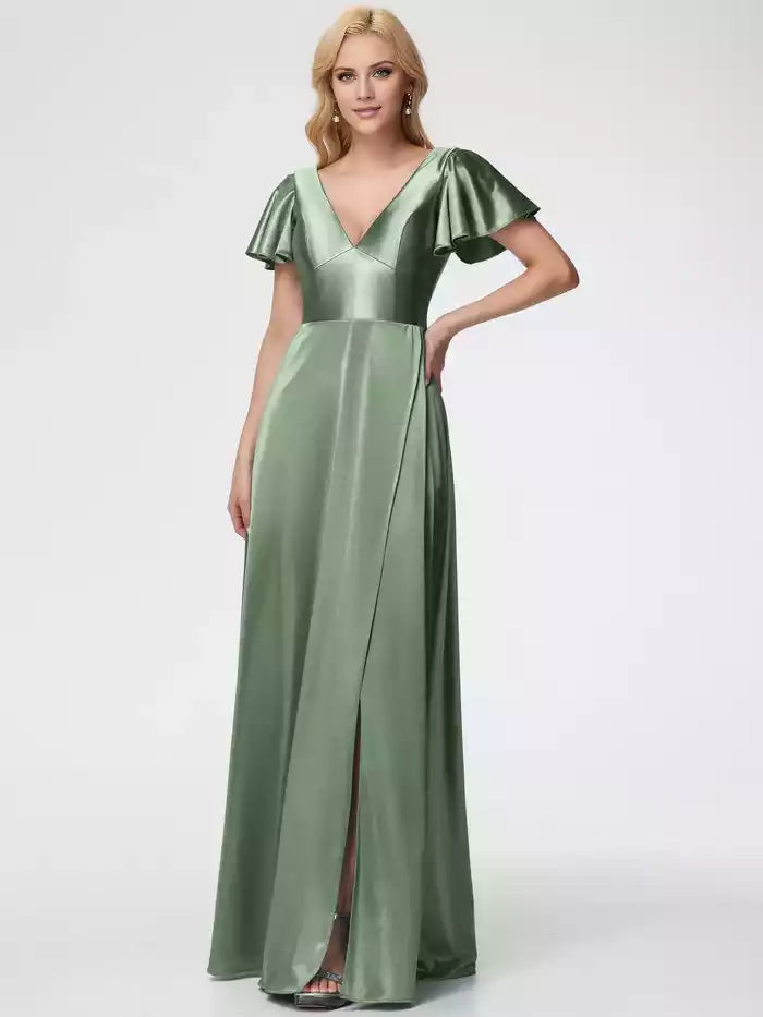 Prom Dresses Deep V Neck Short Sleeves Satin Prom Dress With Split