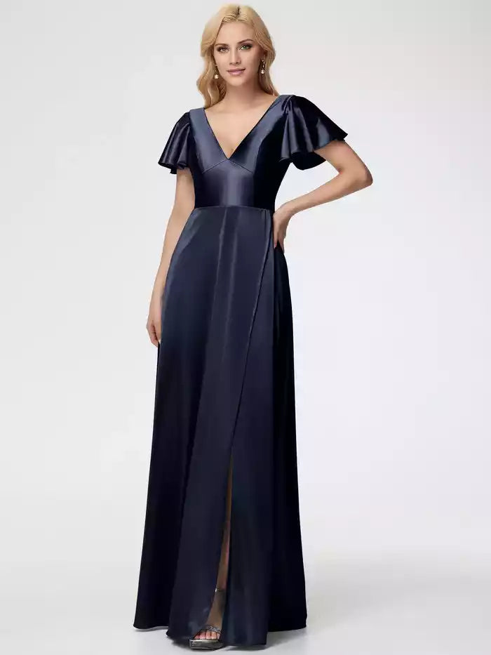 Prom Dresses Deep V Neck Short Sleeves Satin Prom Dress With Split