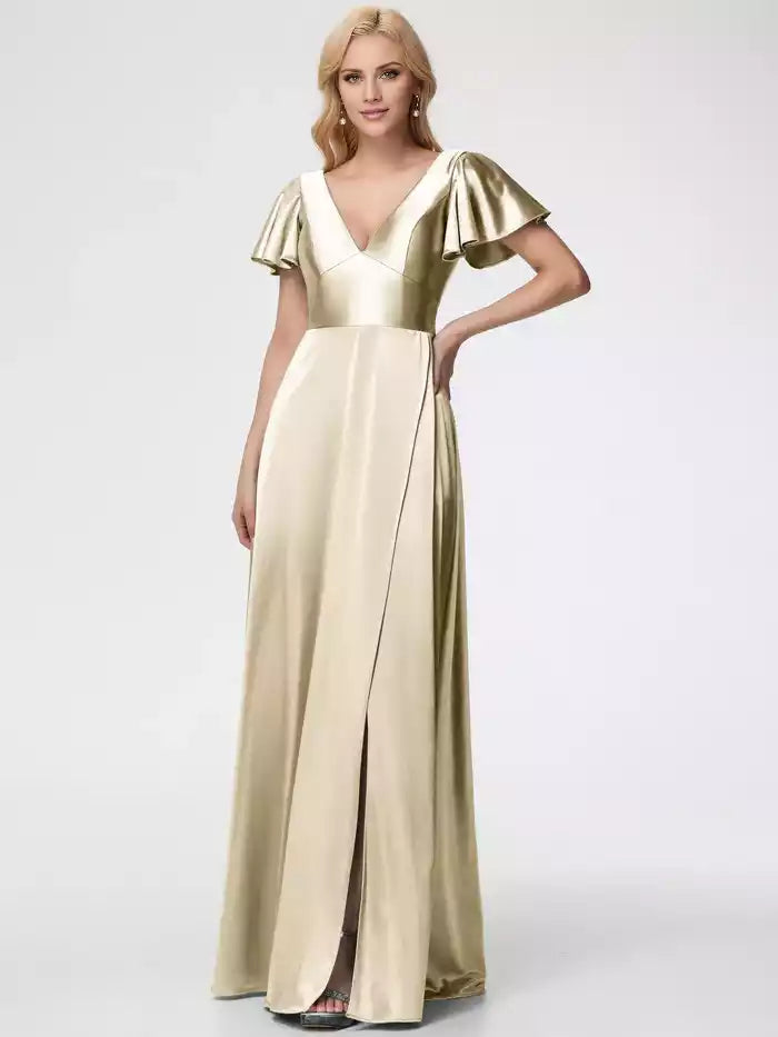Prom Dresses Deep V Neck Short Sleeves Satin Prom Dress With Split