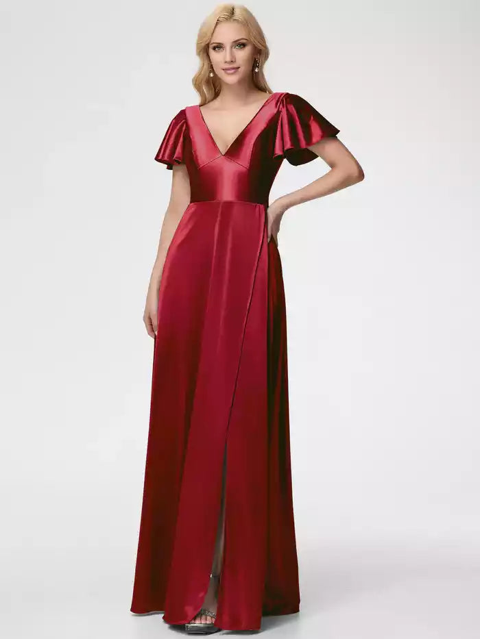 Prom Dresses Deep V Neck Short Sleeves Satin Prom Dress With Split