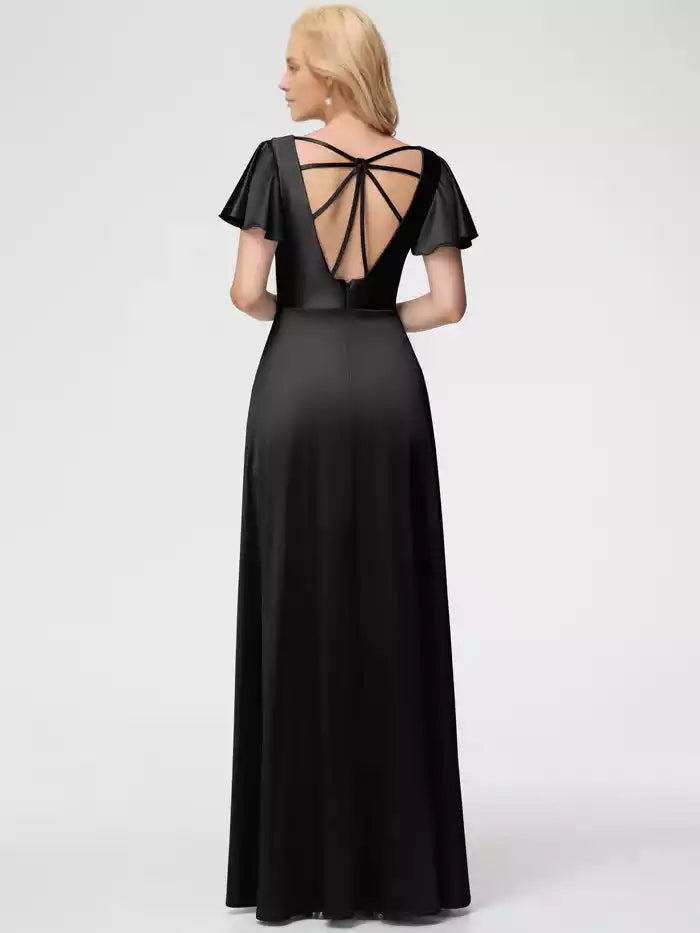 Prom Dresses Deep V Neck Short Sleeves Satin Prom Dress With Split