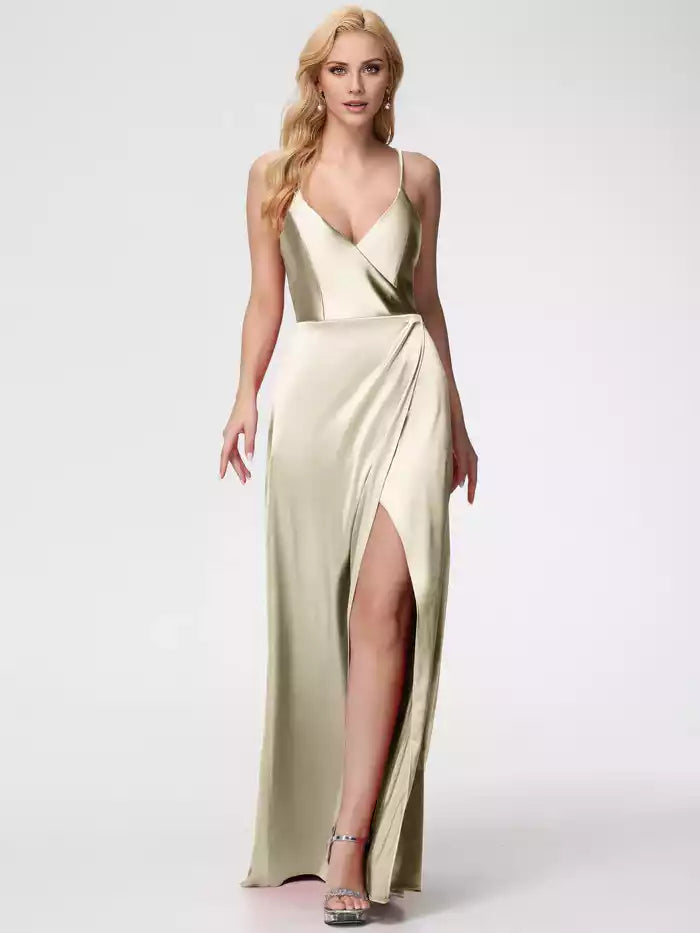 Prom Dresses Halter Straps V Neck Lace Up Satin Prom Dress With Slit