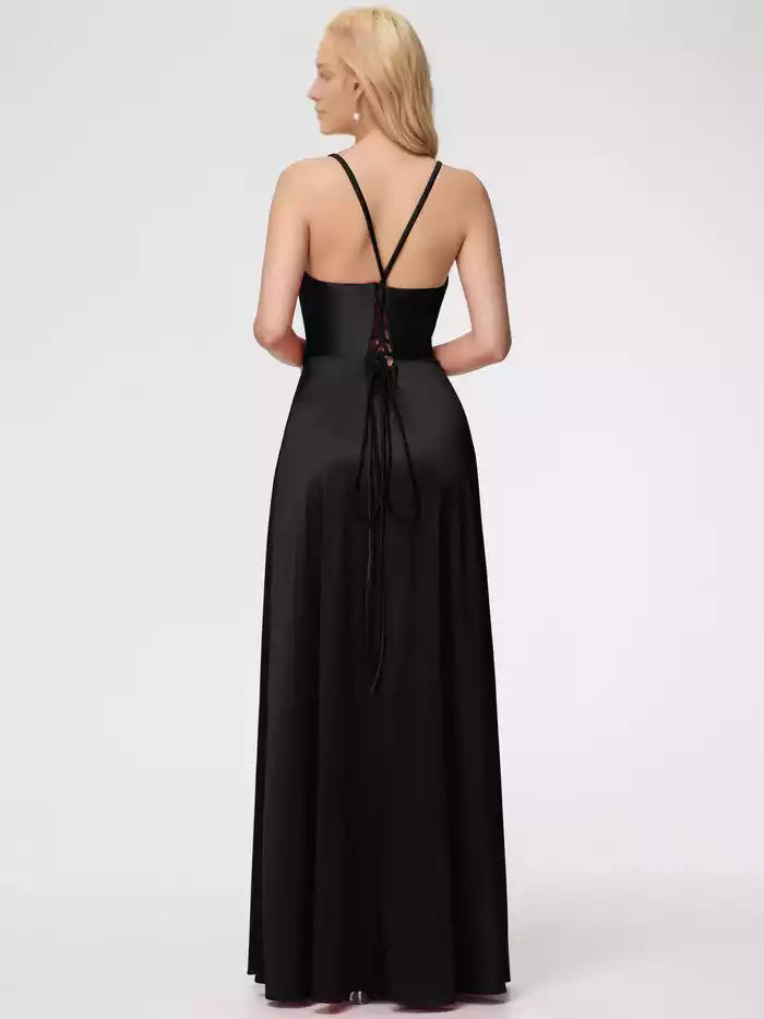 Prom Dresses Halter Straps V Neck Lace Up Satin Prom Dress With Slit