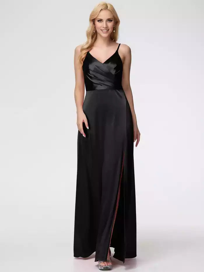 Prom Dresses Spaghetti Straps A Line V Neck Pleats Satin Prom Dresses