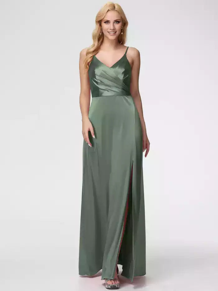 Prom Dresses Spaghetti Straps A Line V Neck Pleats Satin Prom Dresses