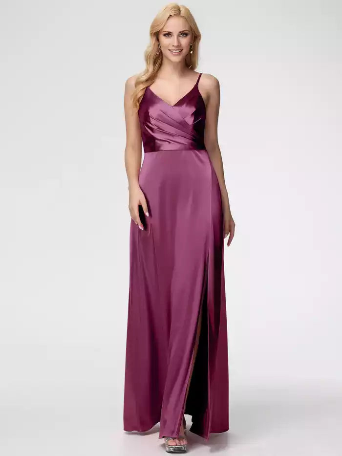 Prom Dresses Spaghetti Straps A Line V Neck Pleats Satin Prom Dresses