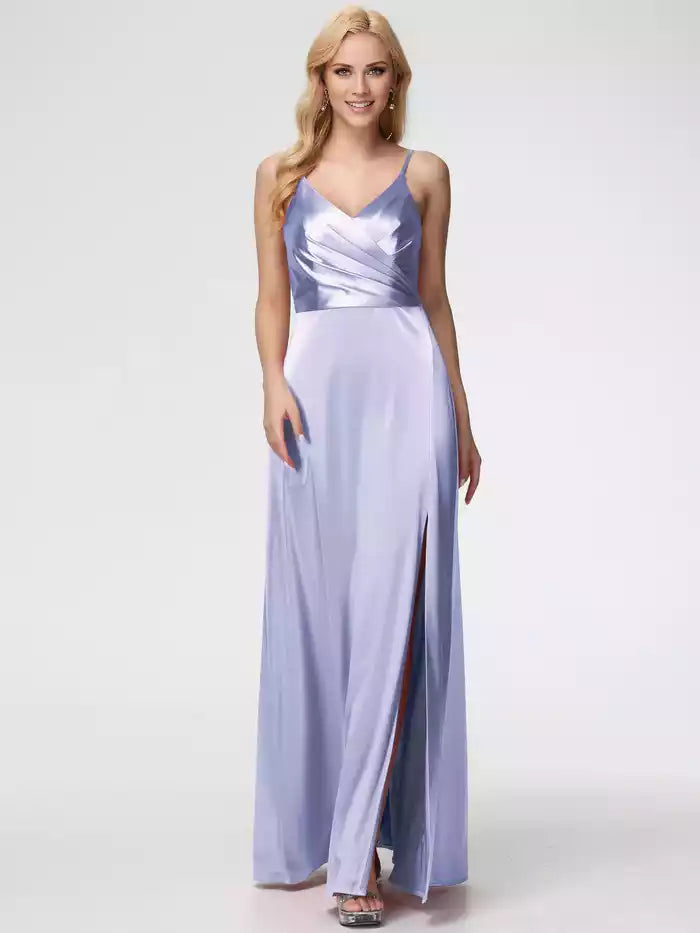 Prom Dresses Spaghetti Straps A Line V Neck Pleats Satin Prom Dresses