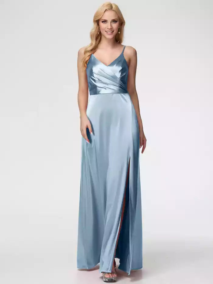 Prom Dresses Spaghetti Straps A Line V Neck Pleats Satin Prom Dresses