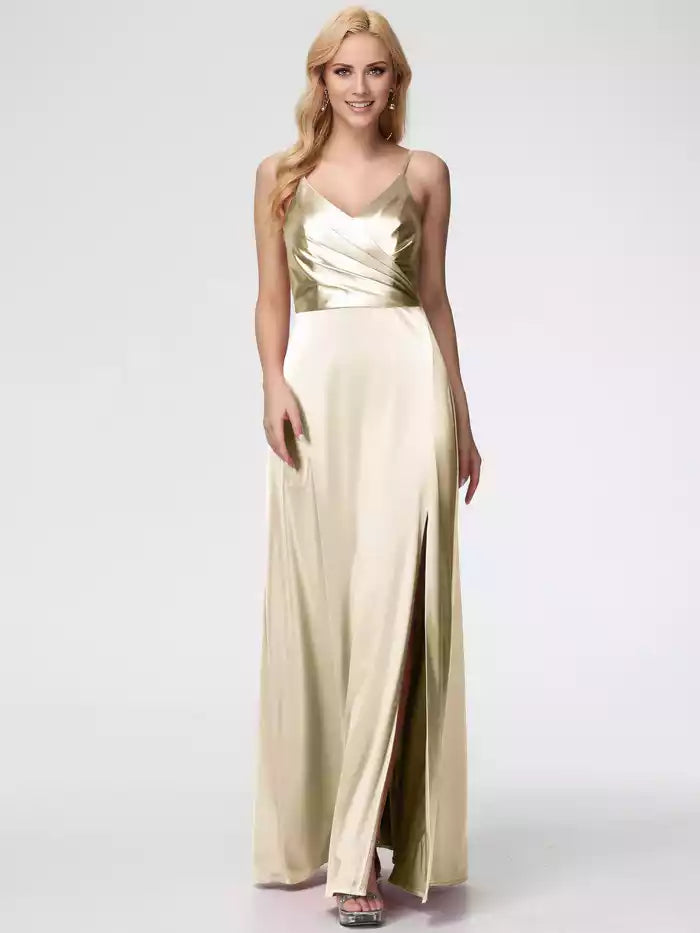 Prom Dresses Spaghetti Straps A Line V Neck Pleats Satin Prom Dresses