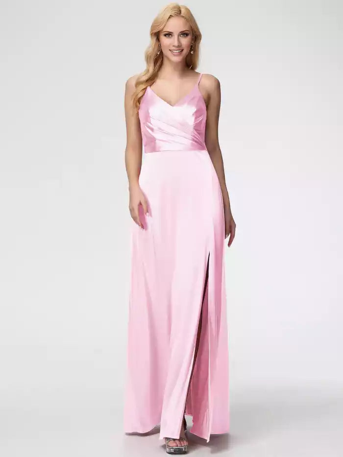 Prom Dresses Spaghetti Straps A Line V Neck Pleats Satin Prom Dresses