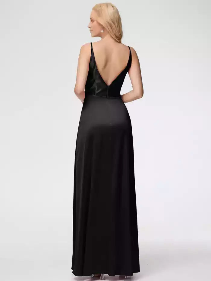 Prom Dresses Spaghetti Straps A Line V Neck Pleats Satin Prom Dresses
