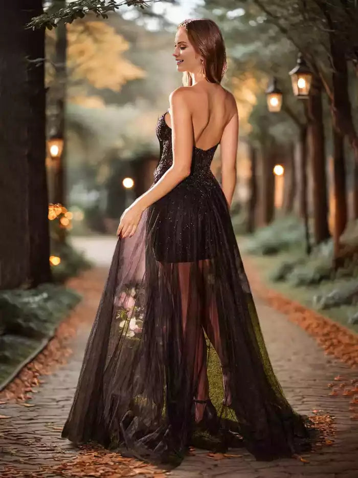Prom Dresses Sweetheart Mini Sheath Lace Prom Dress With Train