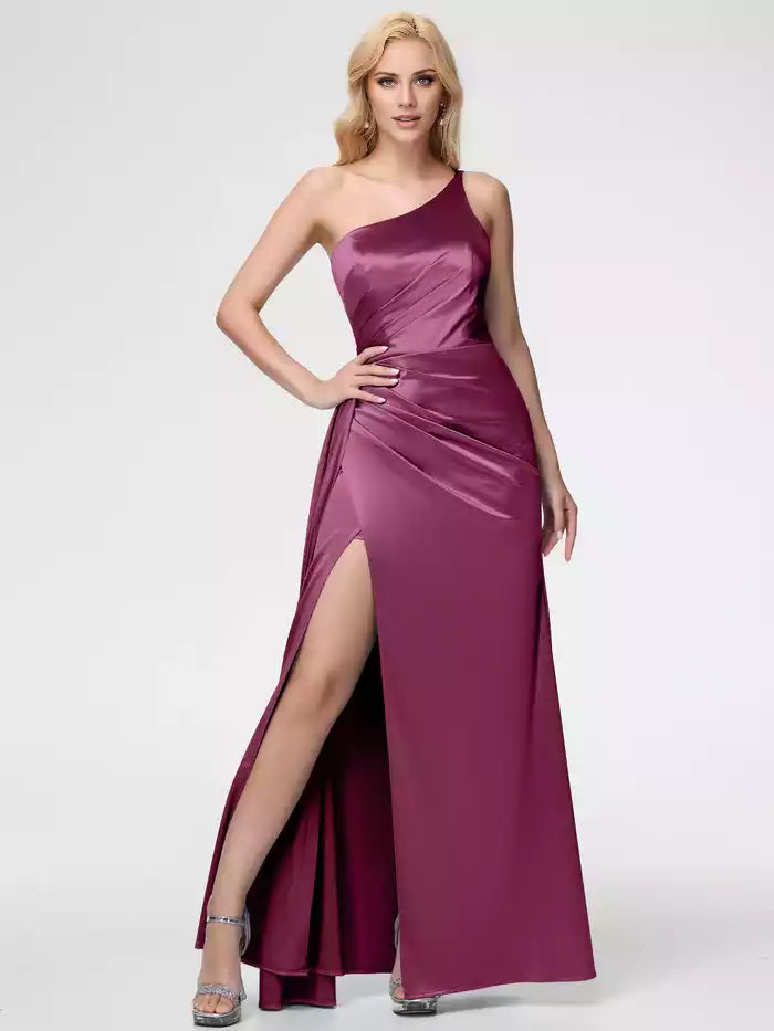 Prom Dresses Trumpet Mermaid One Shoulder Sleeveless Pleats  Satin Prom Dresses With Split