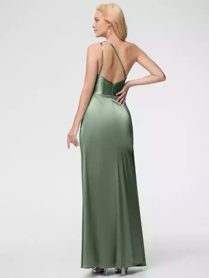 Prom Dresses Trumpet Mermaid One Shoulder Sleeveless Pleats  Satin Prom Dresses With Split
