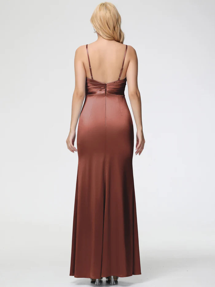 Prom Dresses V Neck Sleeveless Spaghetti Straps Trumpet Mermaid Split Satin Prom Dresses