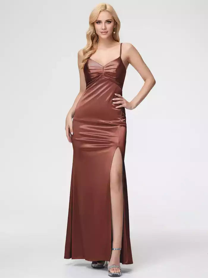 Prom Dresses V Neck Sleeveless Spaghetti Straps Trumpet Mermaid Split Satin Prom Dresses
