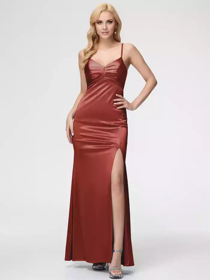 Prom Dresses V Neck Sleeveless Spaghetti Straps Trumpet Mermaid Split Satin Prom Dresses